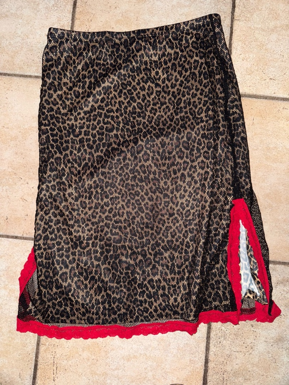 Women’s Leopard Mesh midi Skirt with Red Trim